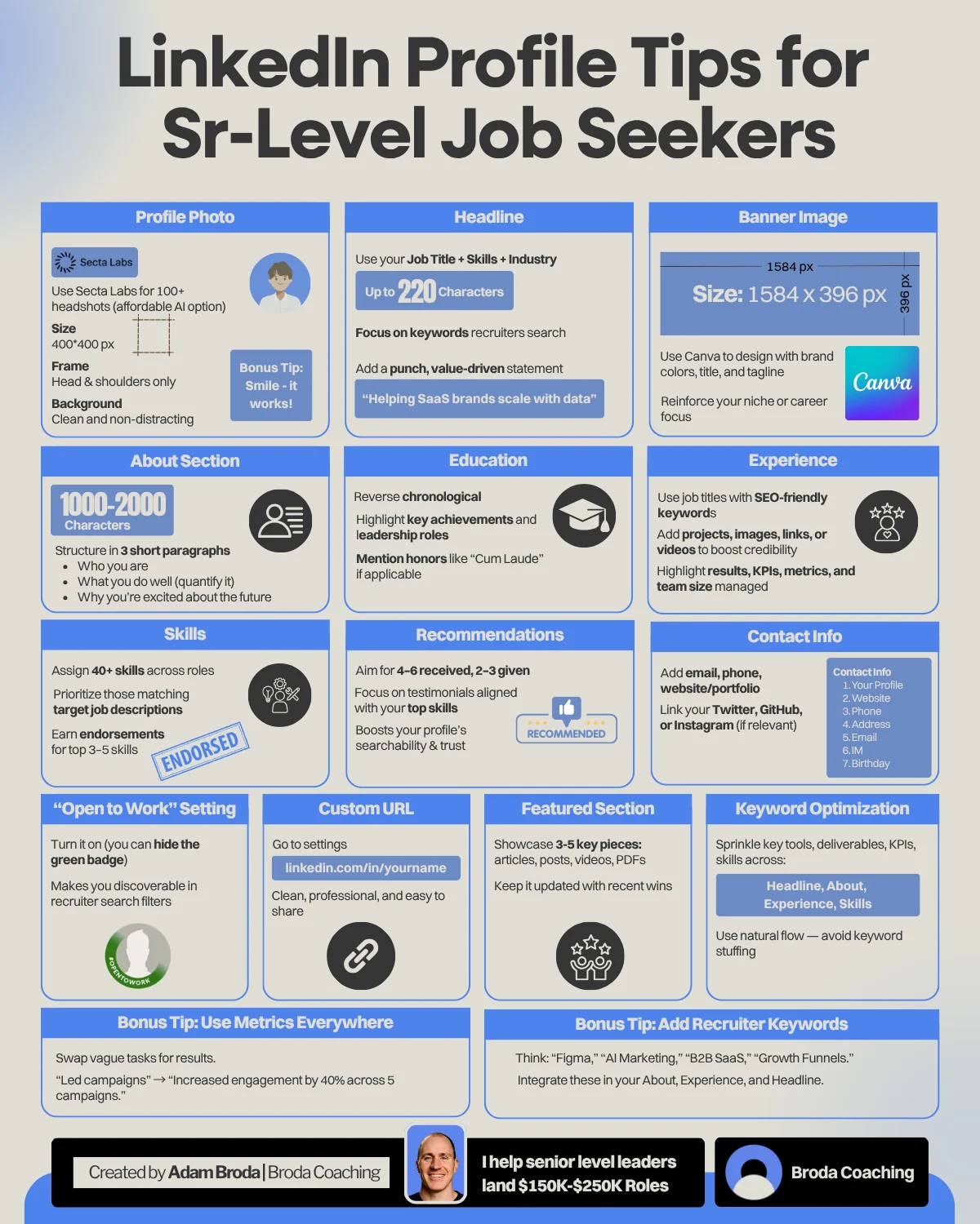 Infographic: LinkedIn profile tips for senior-level job seekers, light version