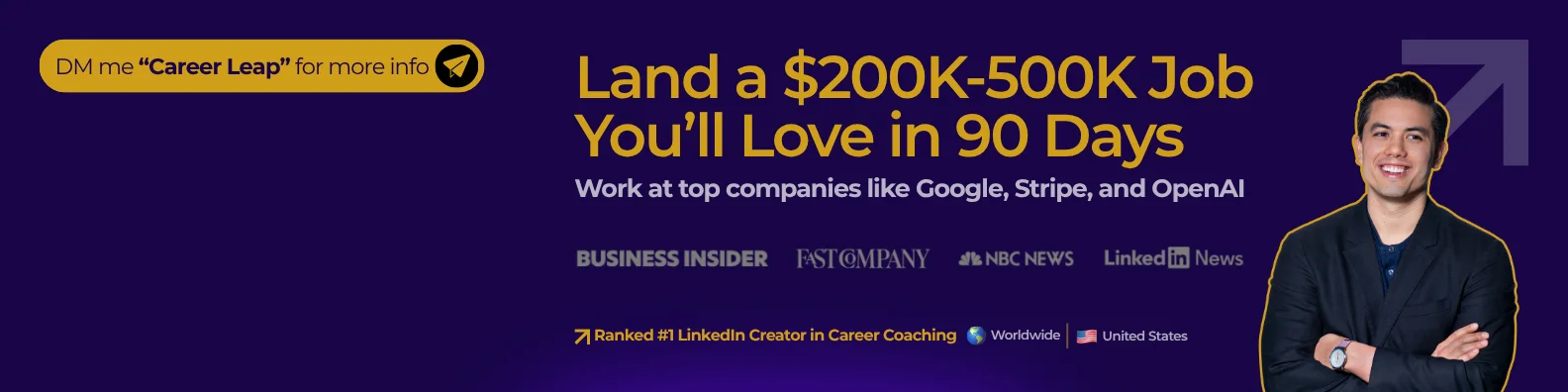 Reno Perry LinkedIn cover: Land a $200K–500K job you'll love in 90 days, with press logos and a DM call to action